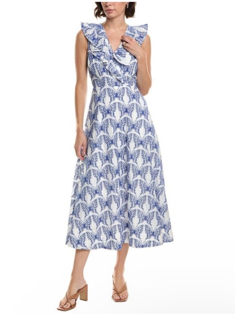 Milly Womens Blue and White Butterfly Eyelet Midi Dress